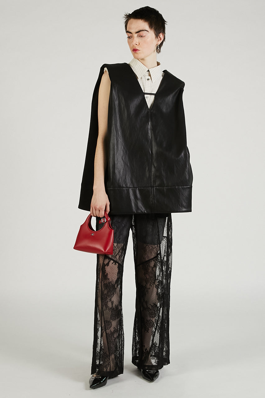 Front Leather Boxy V Neck Top - 2025 SUMMER