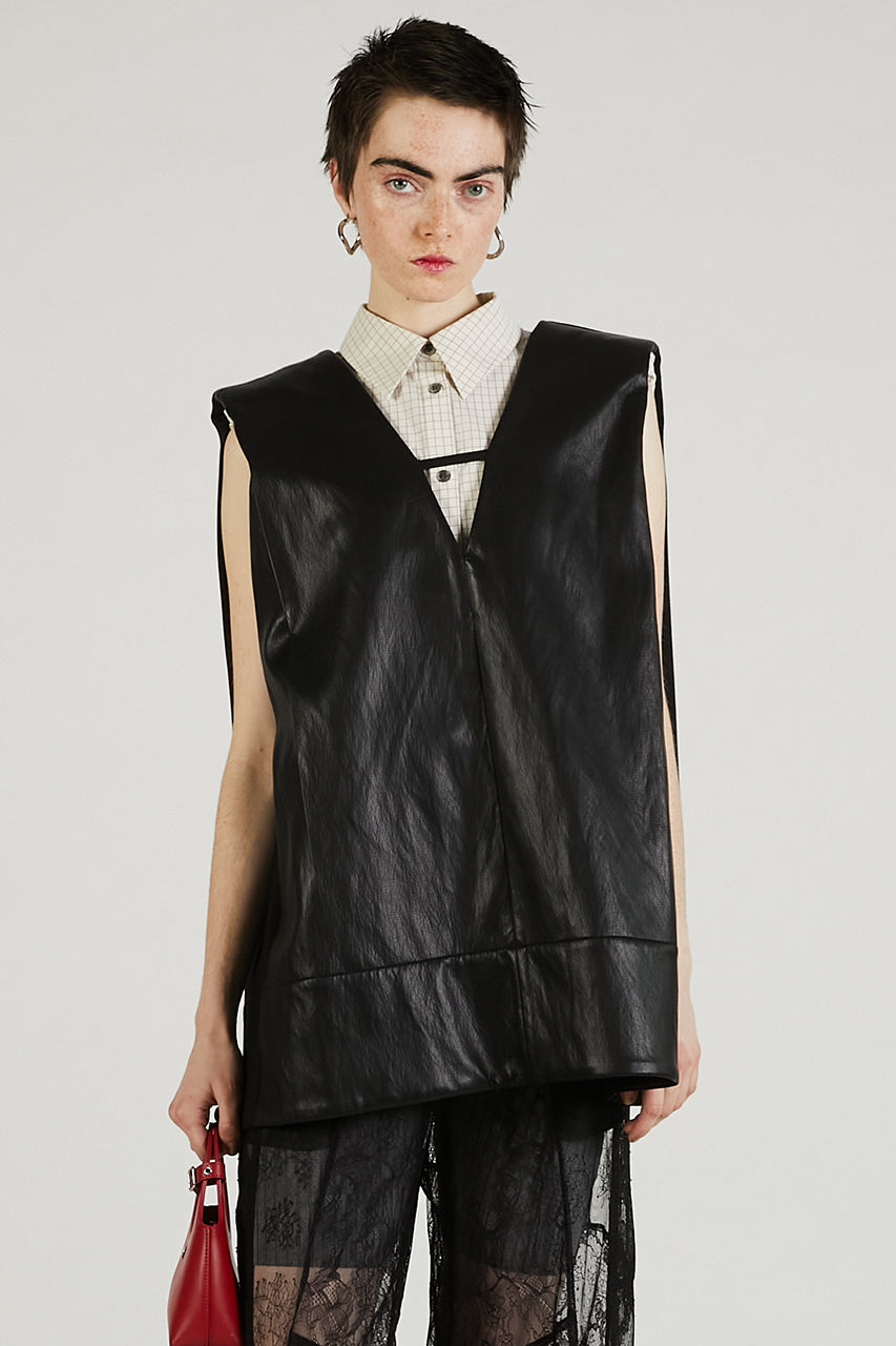 Front Leather Boxy V Neck Top - 2025 SUMMER