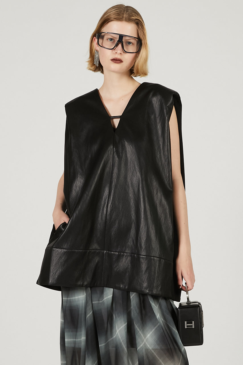 Front Leather Boxy V Neck Top - 2025 SUMMER