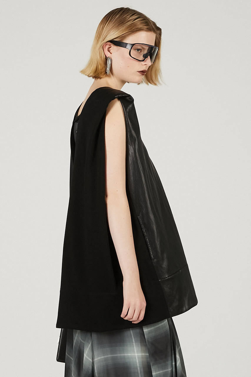Front Leather Boxy V Neck Top - 2025 SUMMER
