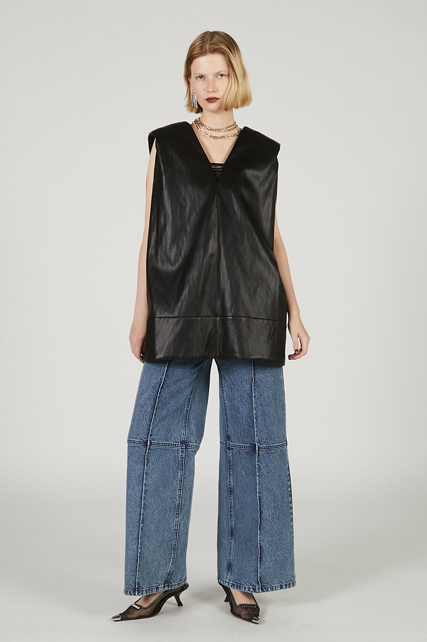 Front Leather Boxy V Neck Top - 2025 SUMMER