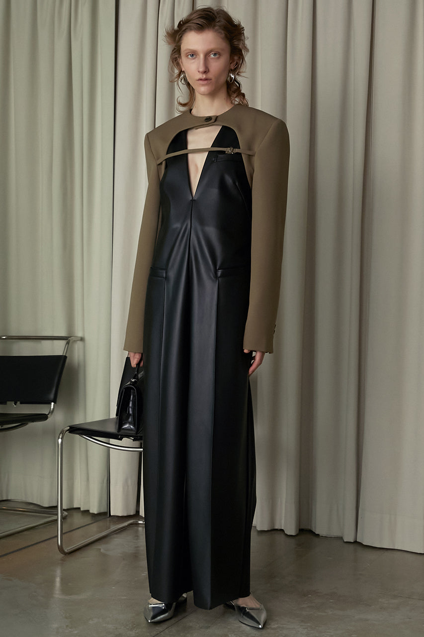 V Neck Vegan Leather Jumpsuit