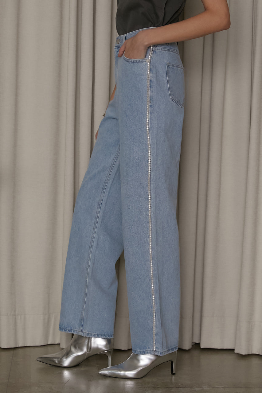 Pearl Embellished Wide Leg Denim Pants