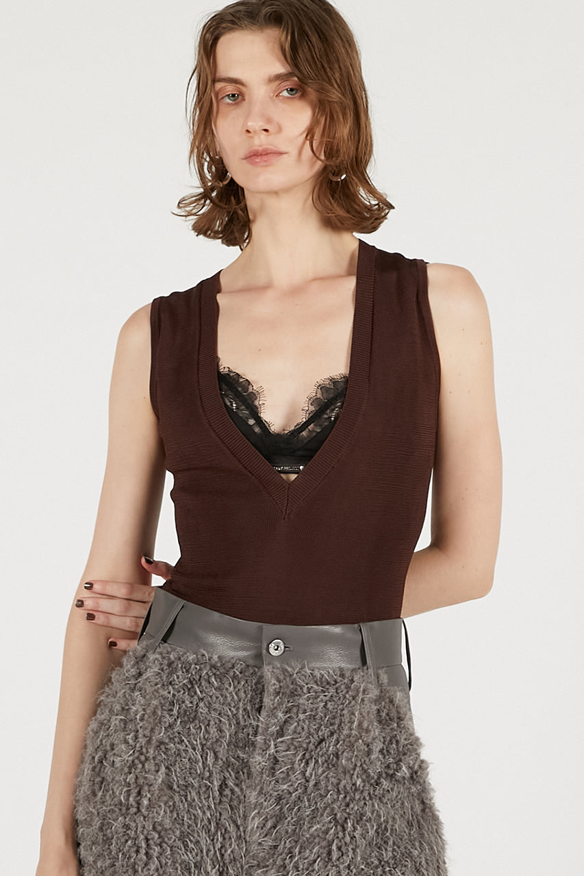 Deep V Neck Bodysuit Chocolate