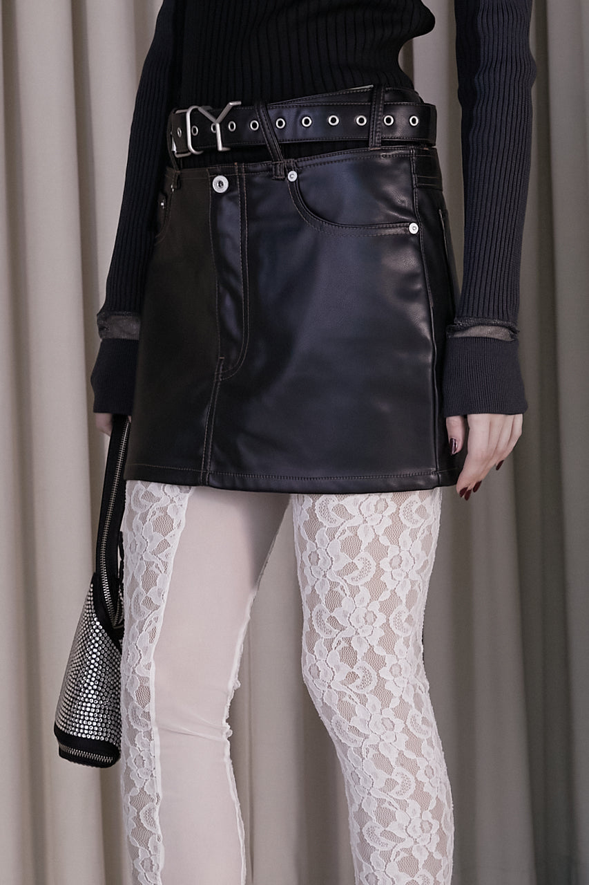 Y Belt Leather Mini Skirt