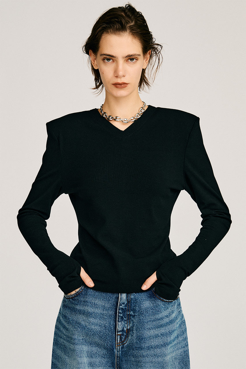 Wool Blend Shoulder Pad V-Neck Top - 2026AUTUMN