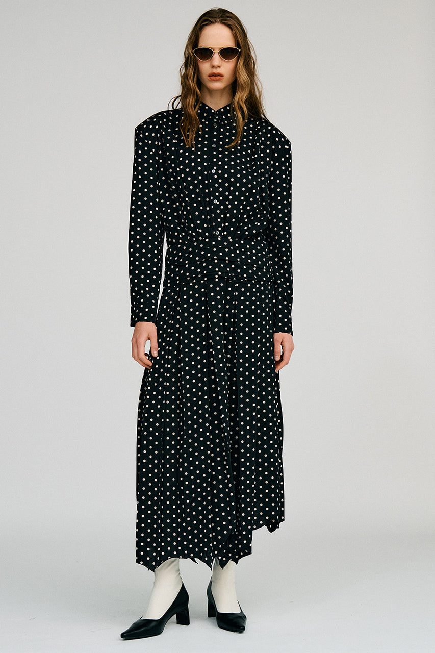 Asymmetrical Pleated Dot Dress - 2026AUTUMN