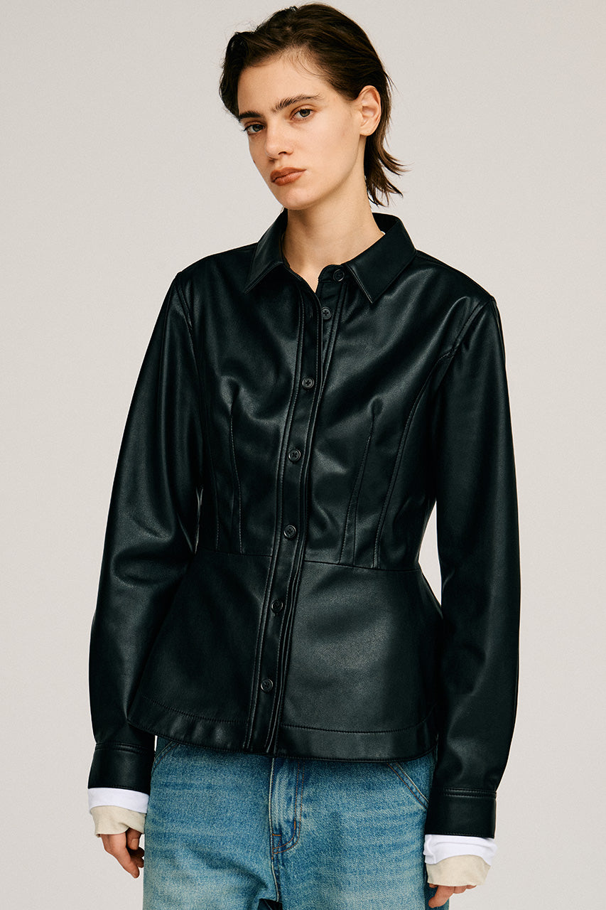 Faux Leather Peplum Shirt - 2026AUTUMN
