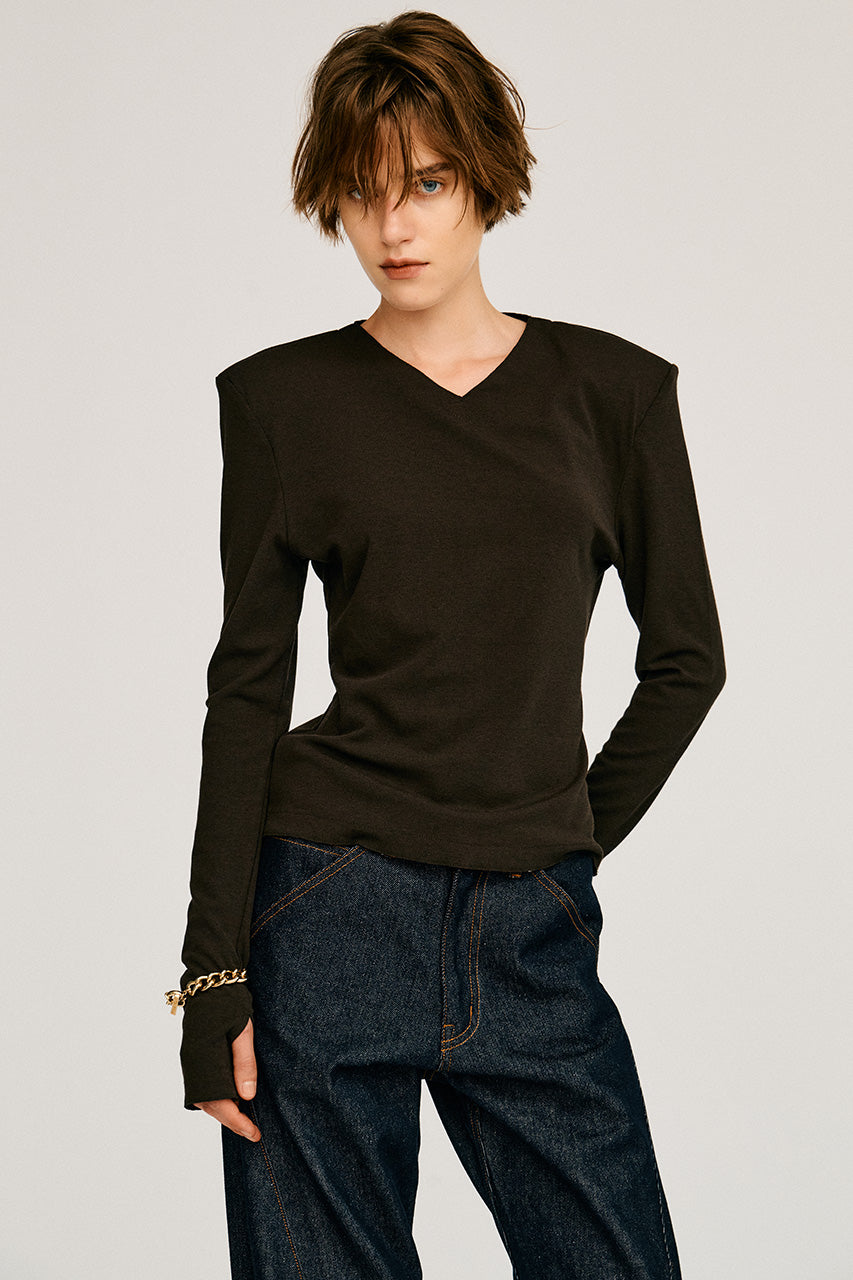 Wool Blend Shoulder Pad V-Neck Top - 2026AUTUMN