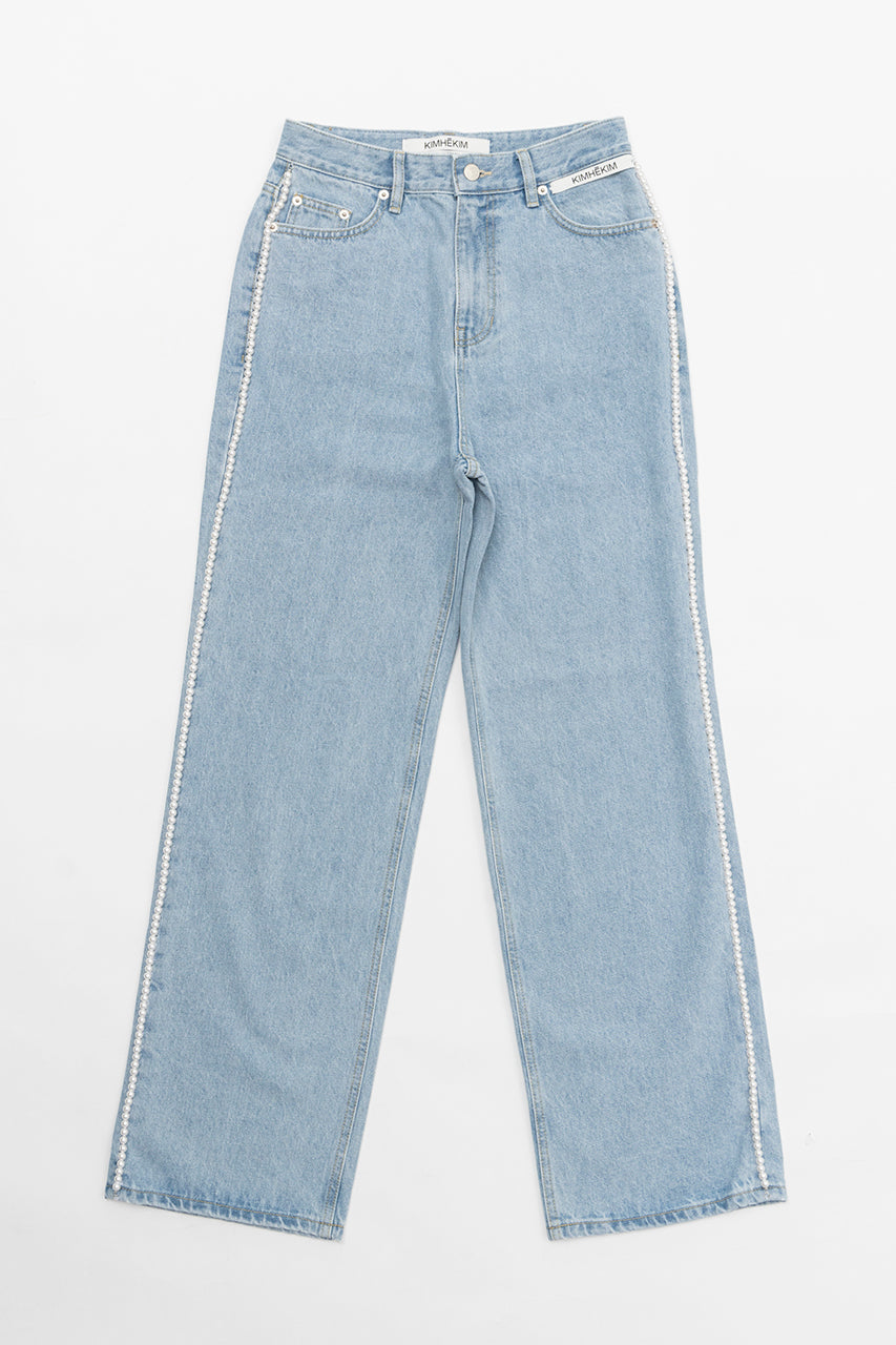 Pearl Embellished Wide Leg Denim Pants