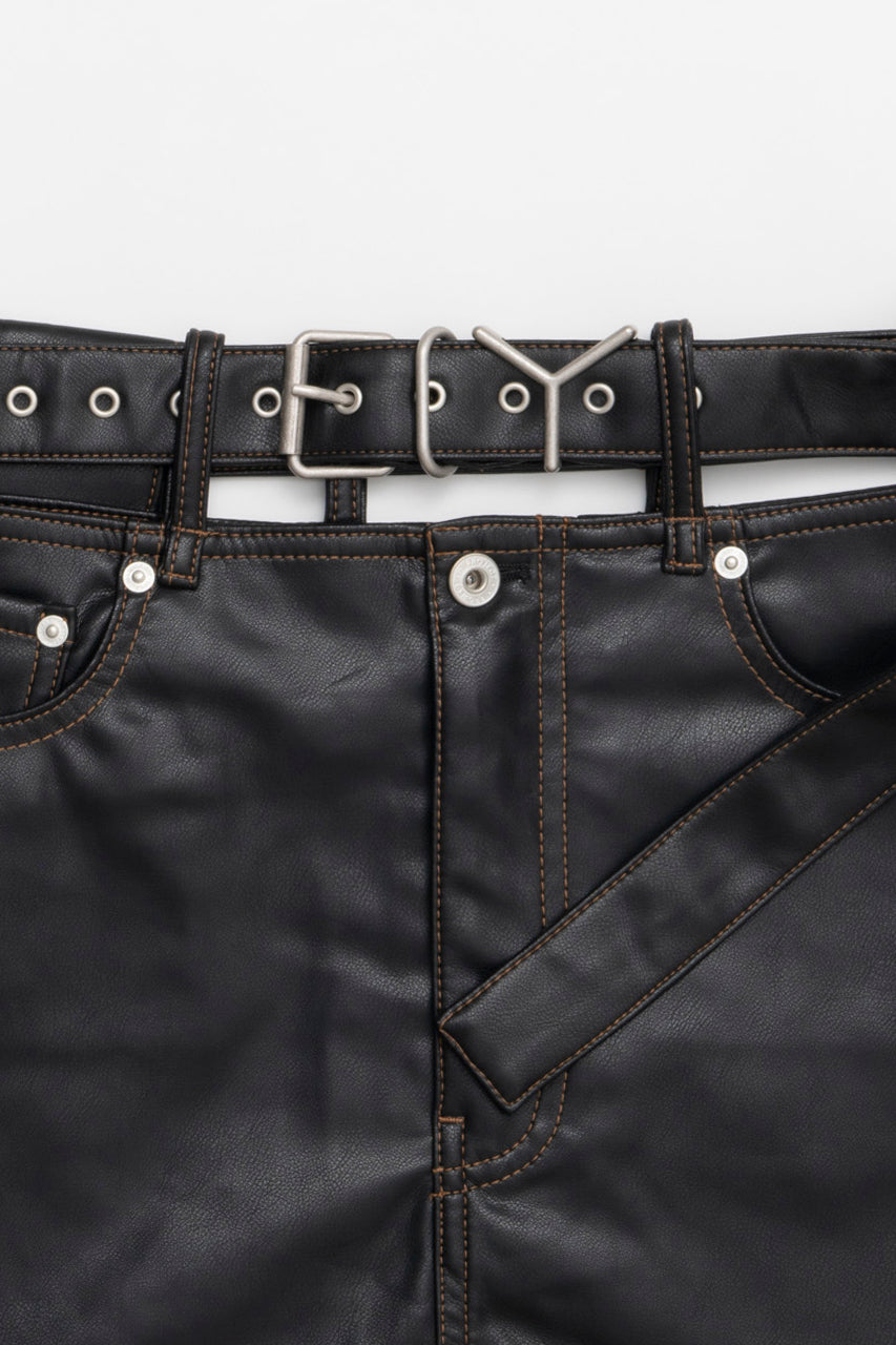 Y Belt Leather Mini Skirt
