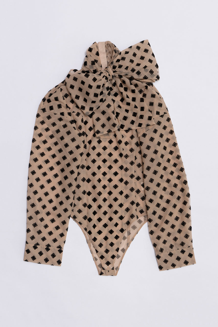 Flocky Print Tulle Bow Tie Bodysuit