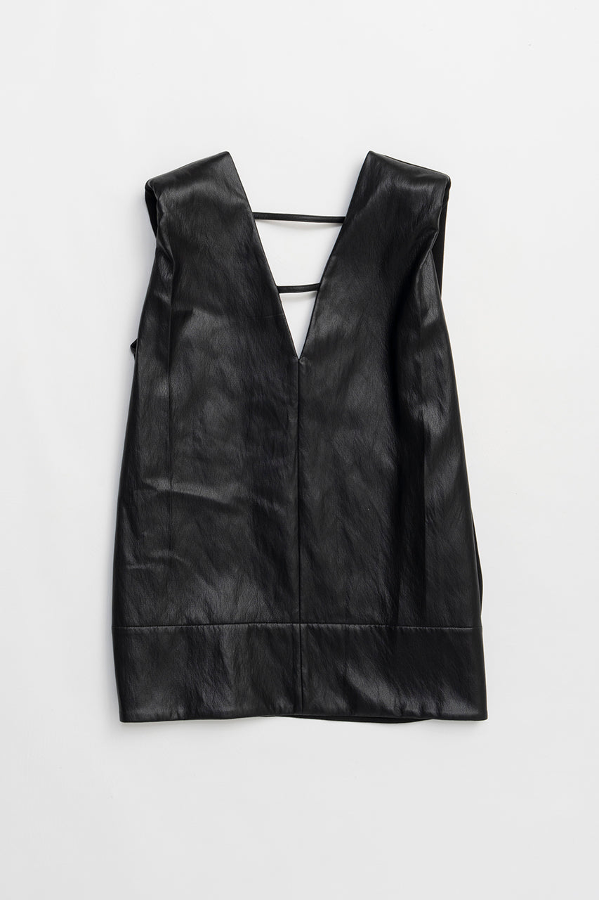 Front Leather Boxy V Neck Top - 2025 SUMMER