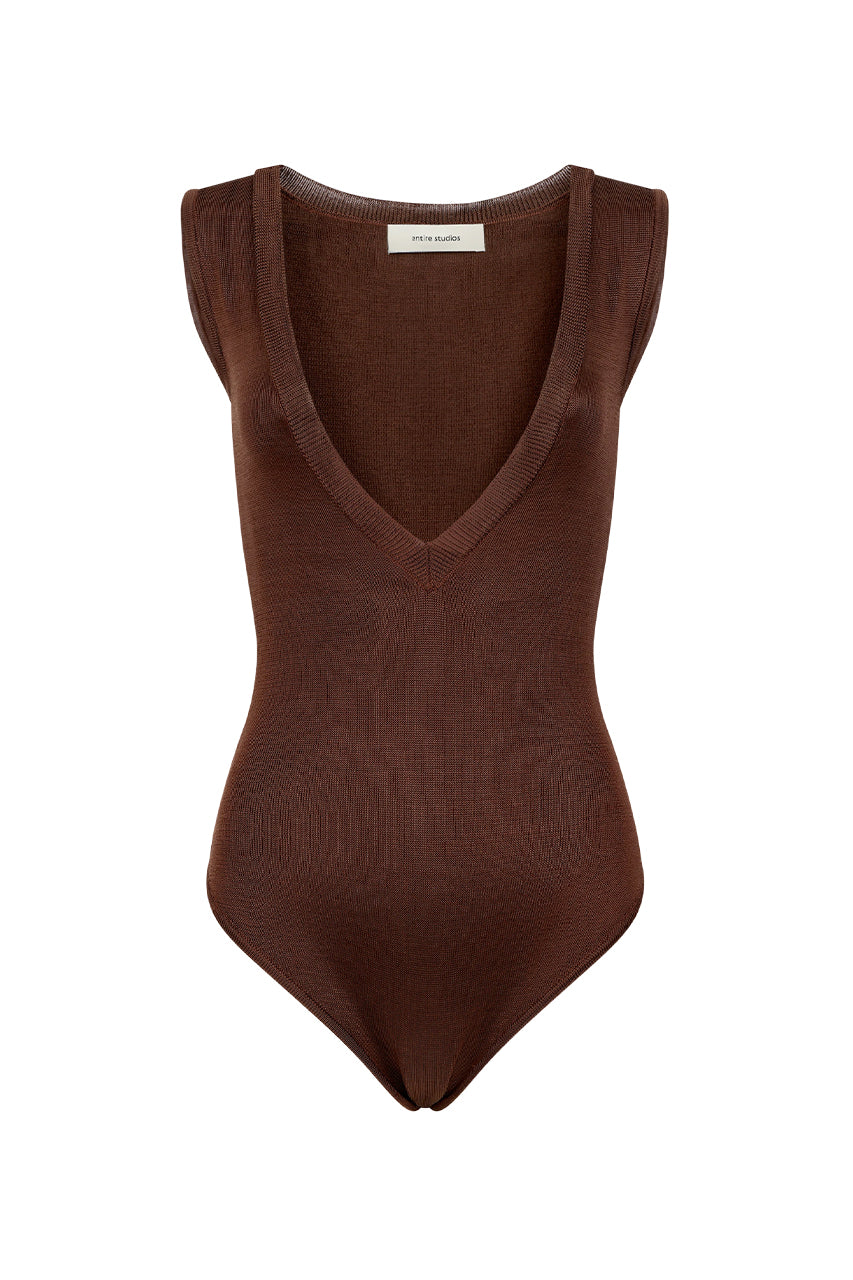 Deep V Neck Bodysuit Chocolate