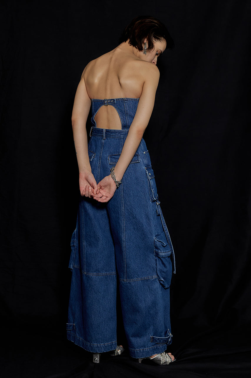 Denim Cargo Suspender Jumpsuit
