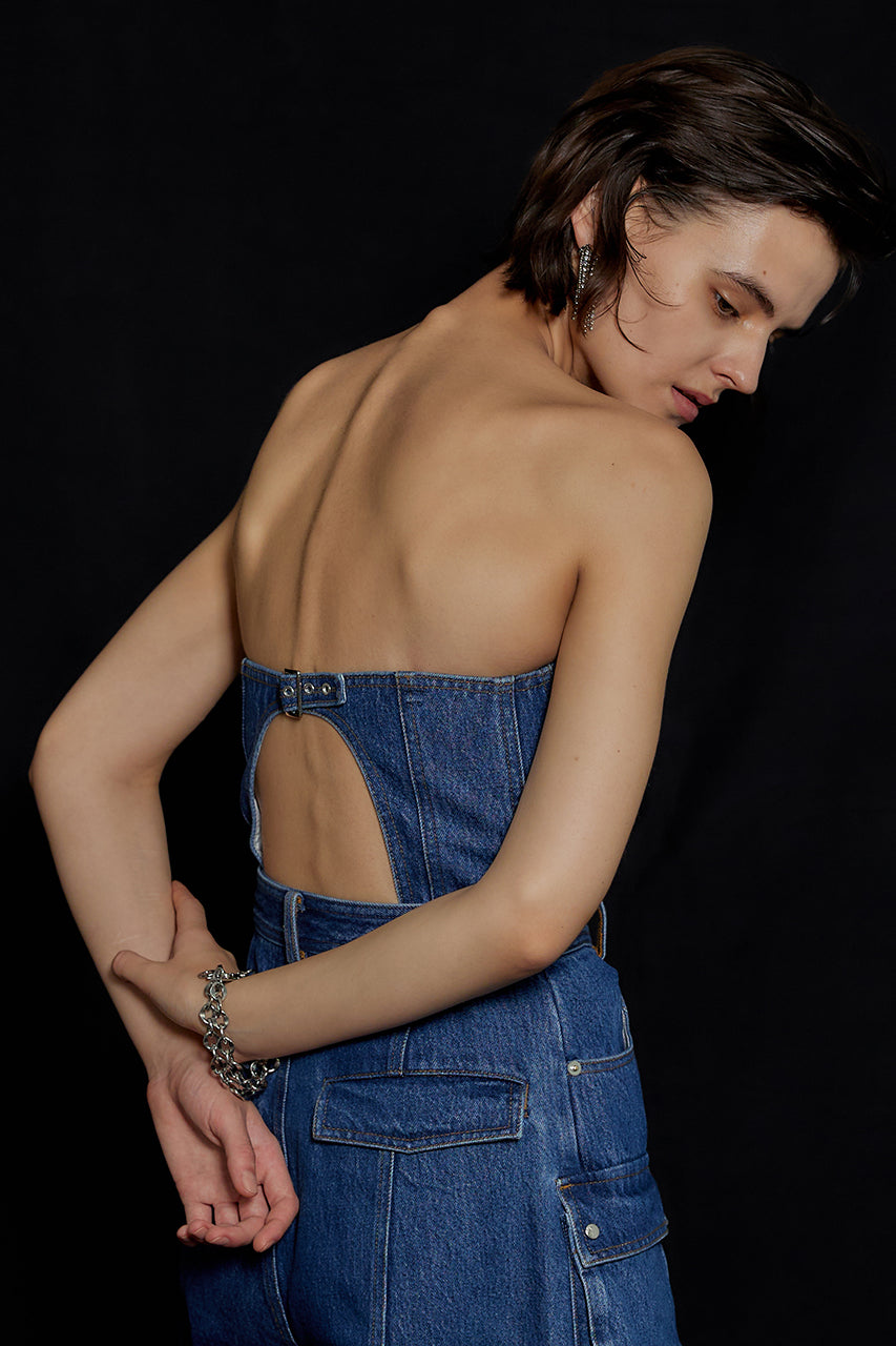 Denim Cargo Suspender Jumpsuit