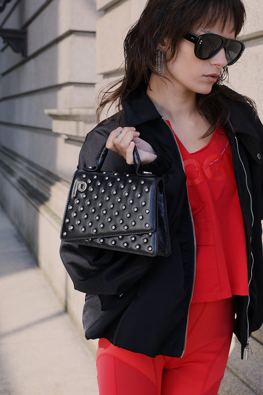 Logo Plate Line Stone Mini Satchel Bag