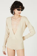 Deep V Knit Bodysuit Sand
