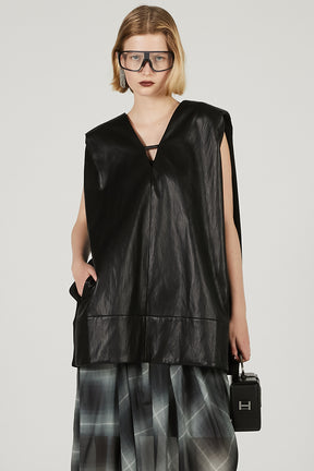 Front Leather Boxy V Neck Top - 2025 SUMMER