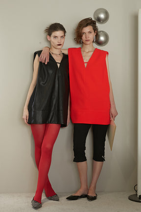 Front Leather Boxy V Neck Top - 2025 SUMMER