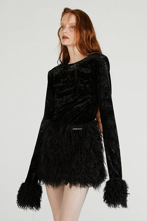Fur Sleeve Velour Top - 2025 AUTUMN