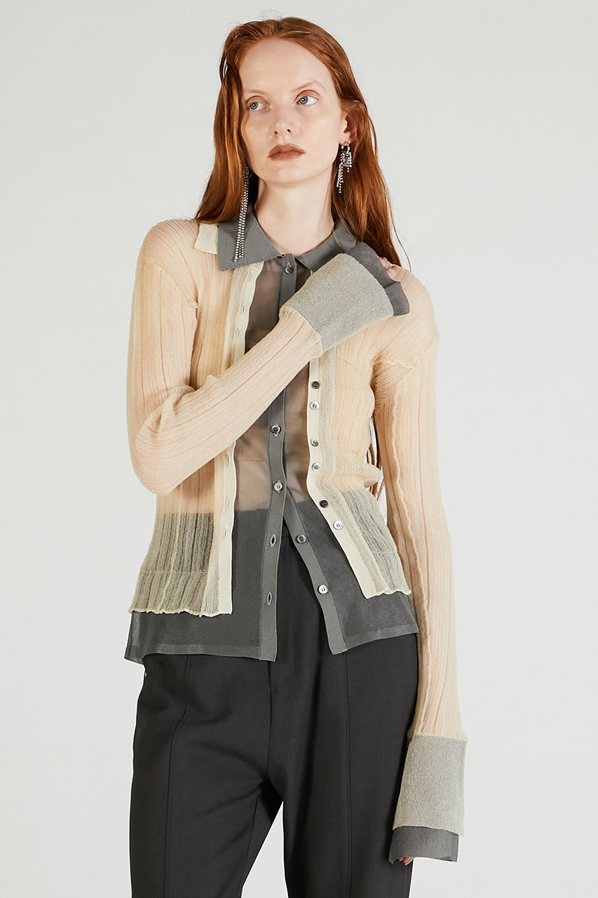 Layered Sheer Ribbed Slim Knit Shirt