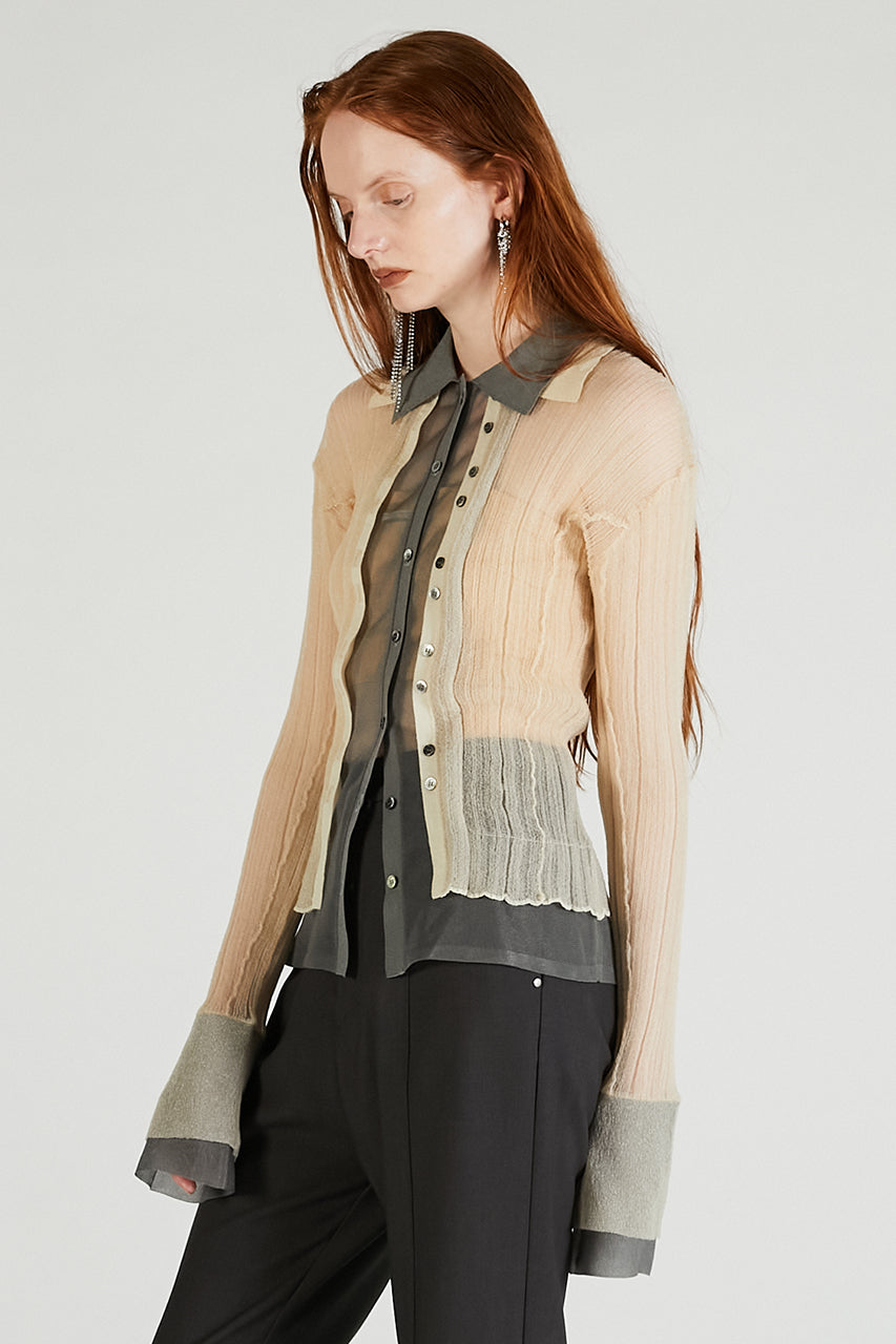 Layered Sheer Ribbed Slim Knit Shirt