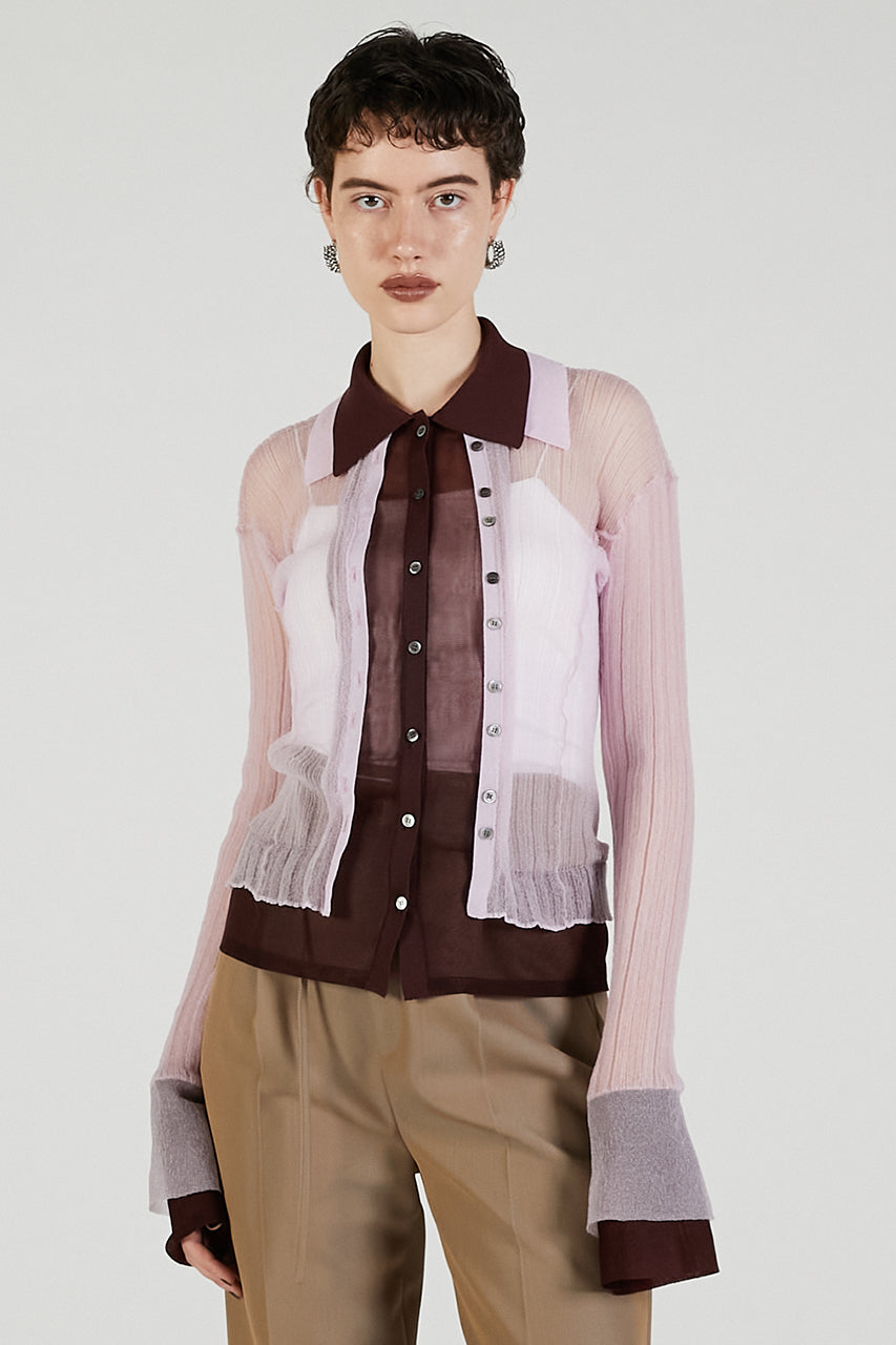 Layered Sheer Ribbed Slim Knit Shirt