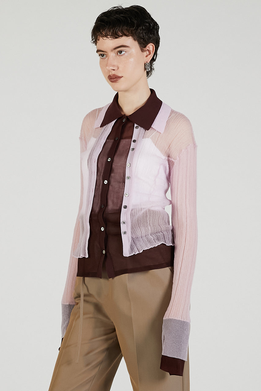 Layered Sheer Ribbed Slim Knit Shirt