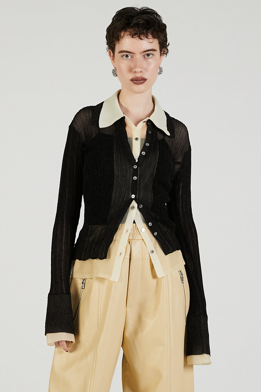 Layered Sheer Ribbed Slim Knit Shirt