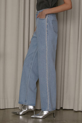 【SALE】Pearl Embellished Wide Leg Denim Pants
