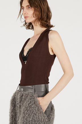 Deep V Neck Bodysuit Chocolate