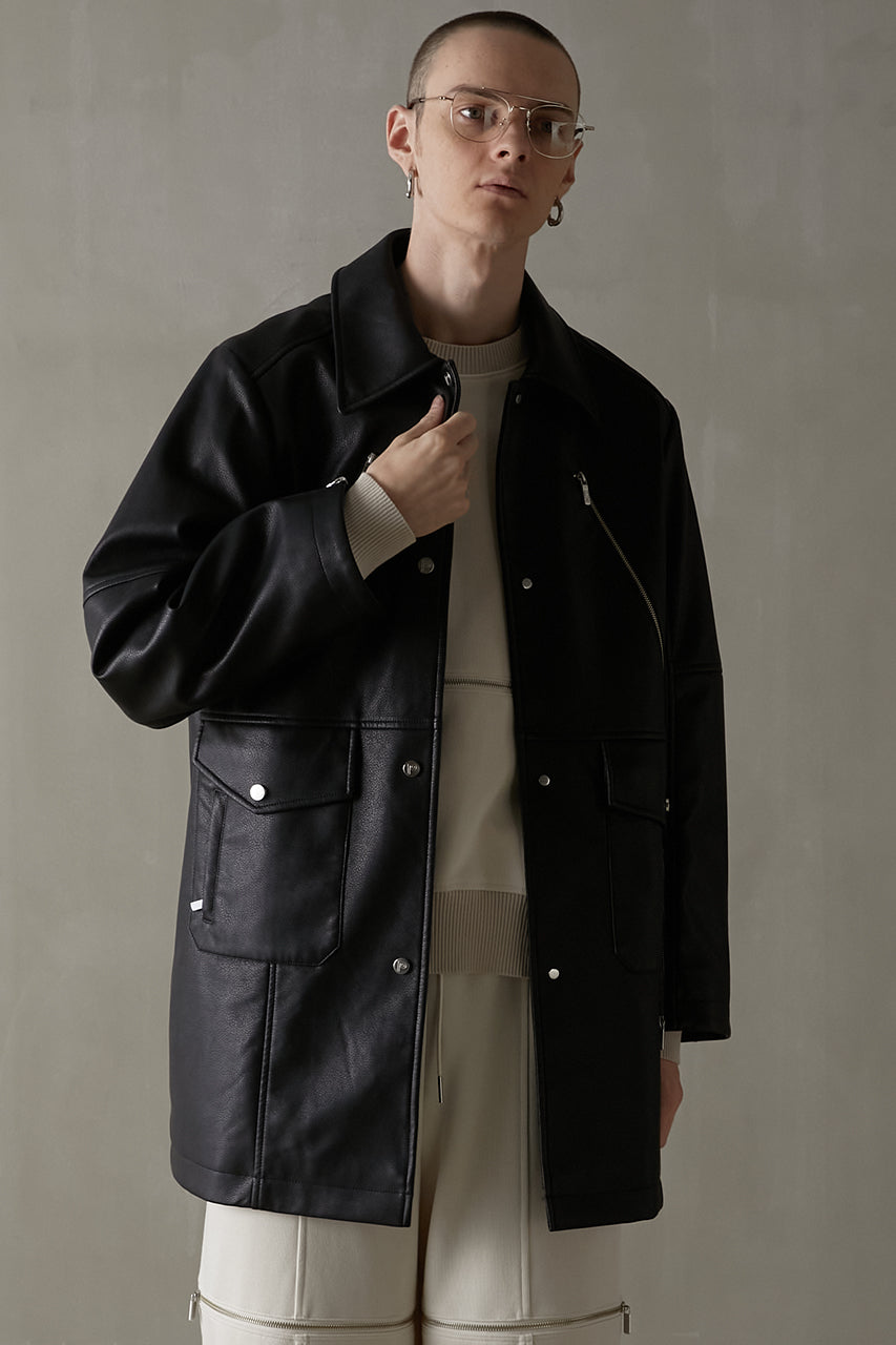 SALE】Vegan Leather Middle Coat