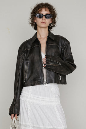 【25 SPRING PRE ORDER】Leather Cropped Moto Jacket