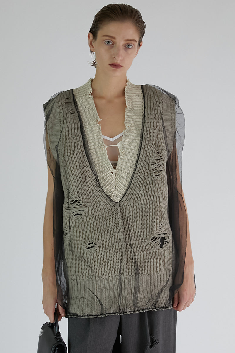 Tulle Gathered Crushed Knit Vest