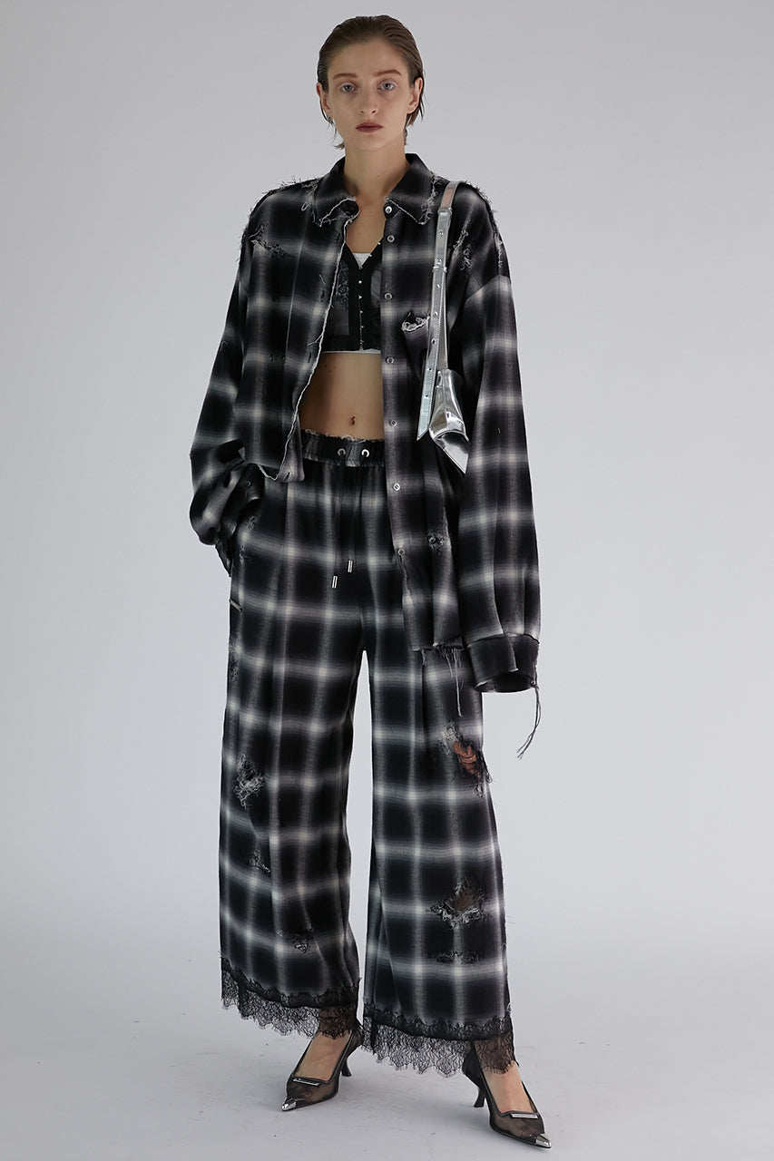 【24SPRING PRE ORDER】Ombre Check Damaged Lace Trim Pants