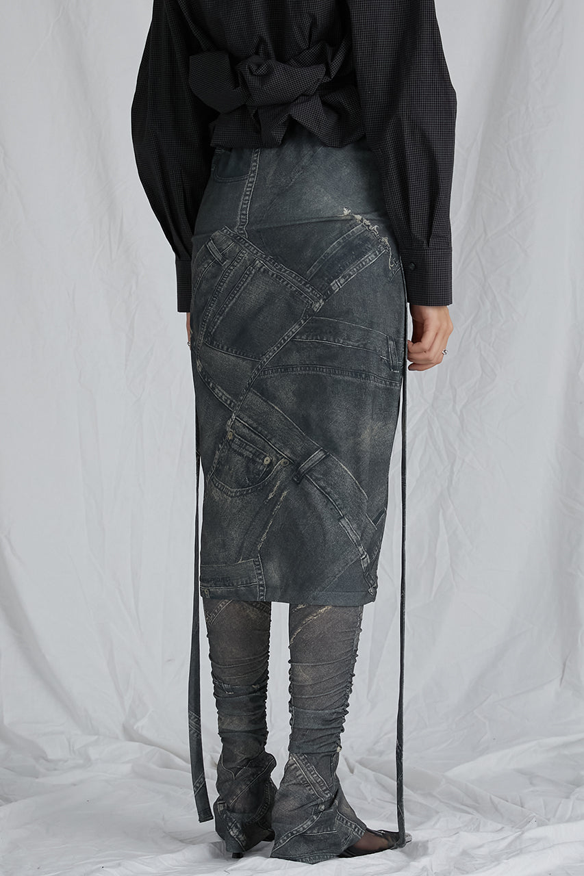 Denim Printed Skirt Layered Leggings