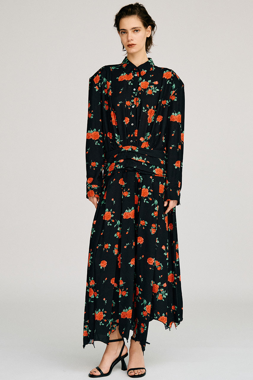 Asymmetrical Pleated Rose Dress - 2026AUTUMN