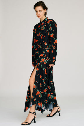 Asymmetrical Pleated Rose Dress - 2026AUTUMN
