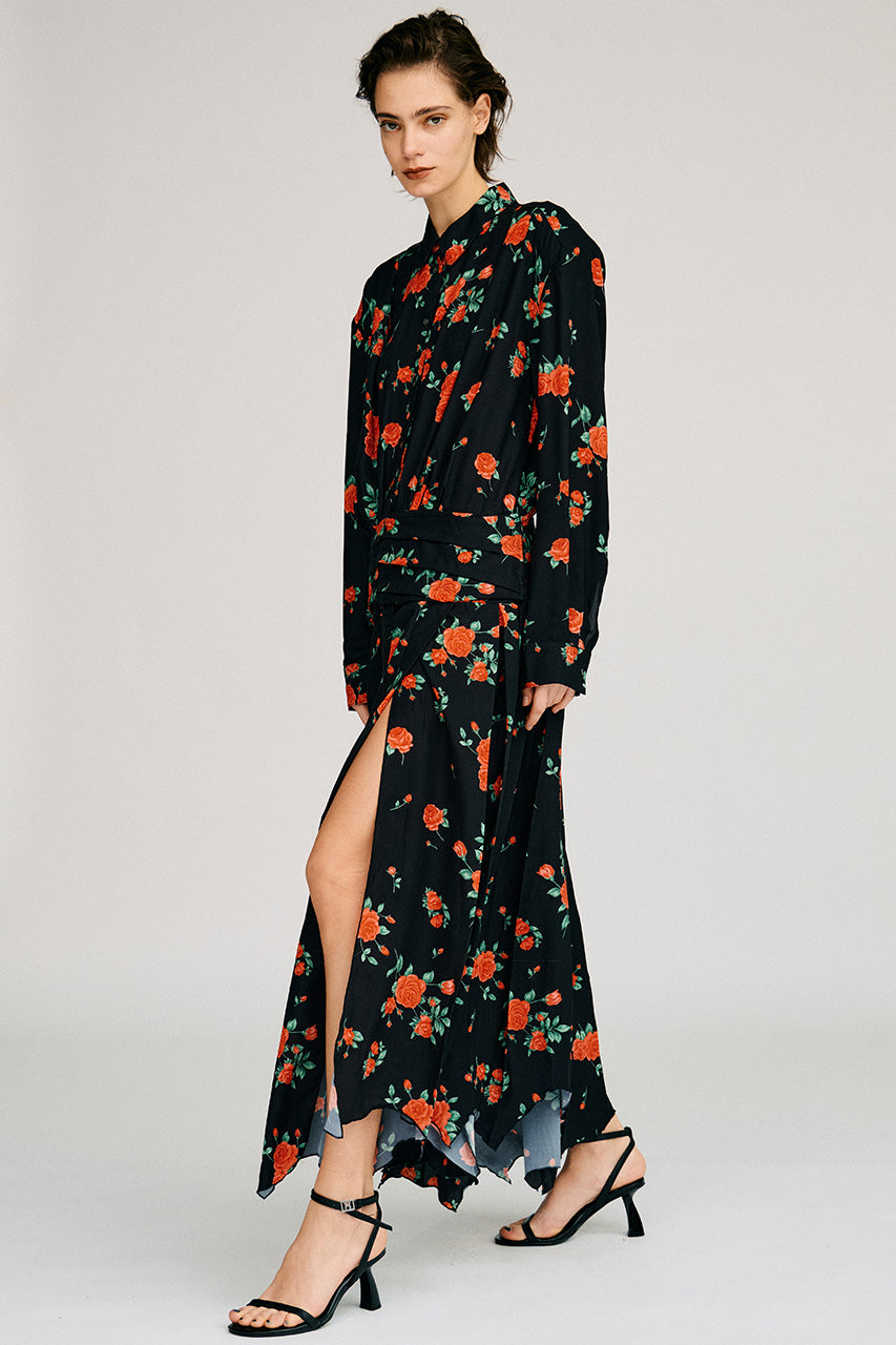 Asymmetrical Pleated Rose Dress - 2026AUTUMN