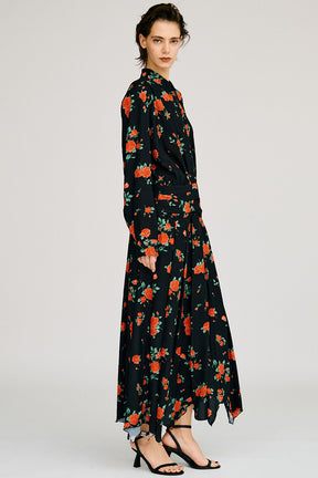 Asymmetrical Pleated Rose Dress - 2026AUTUMN