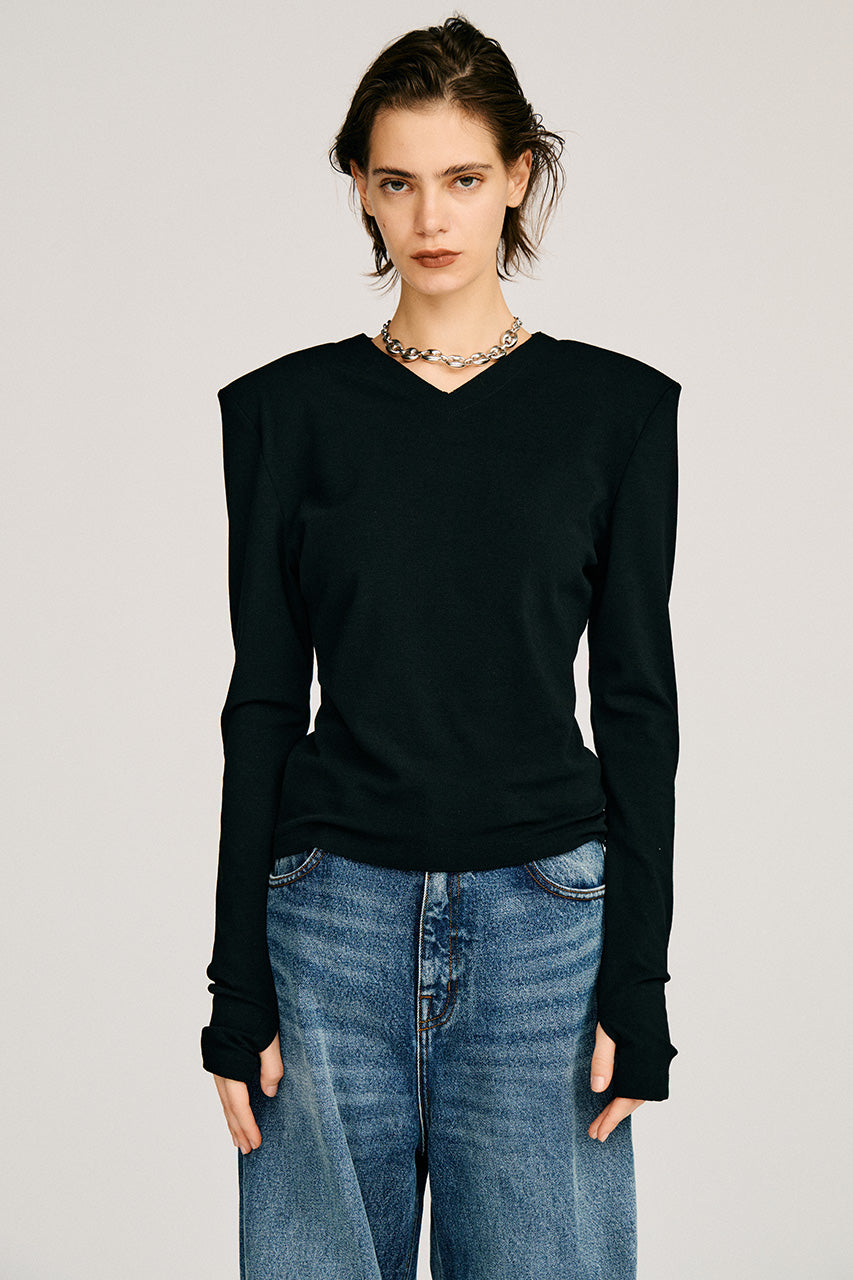 Wool Blend Shoulder Pad V-Neck Top - 2026AUTUMN