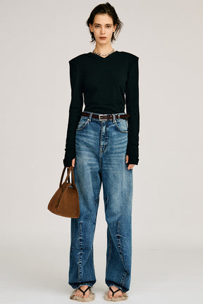 Wool Blend Shoulder Pad V-Neck Top - 2026AUTUMN