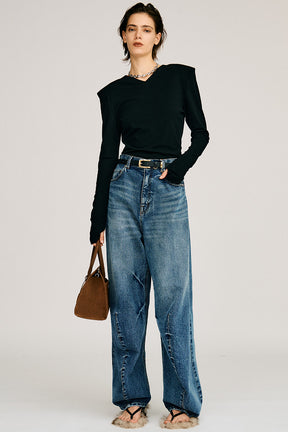 Wool Blend Shoulder Pad V-Neck Top - 2026AUTUMN