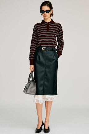 Layered Hem Synthetic Leather Skirt - 2026AUTUMN