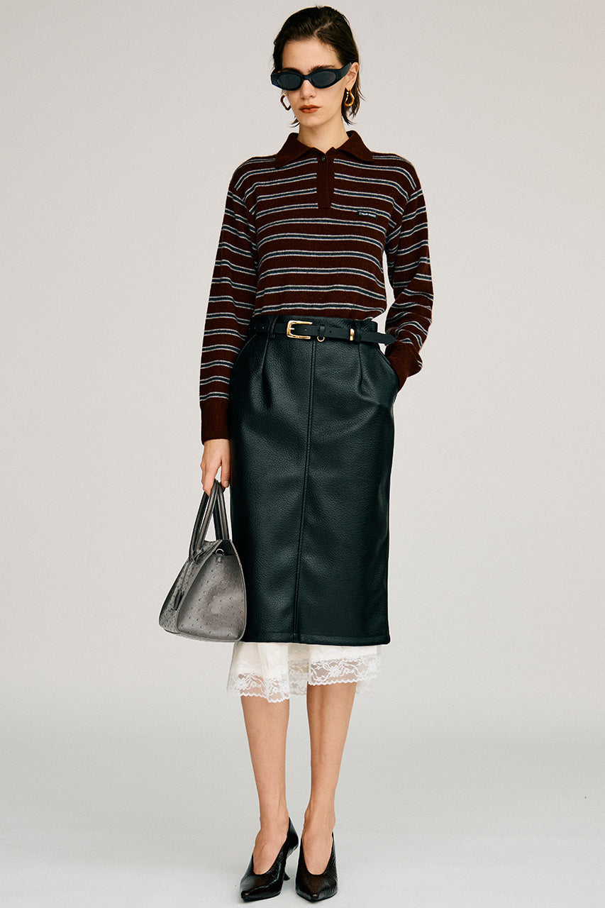 Layered Hem Synthetic Leather Skirt - 2026AUTUMN