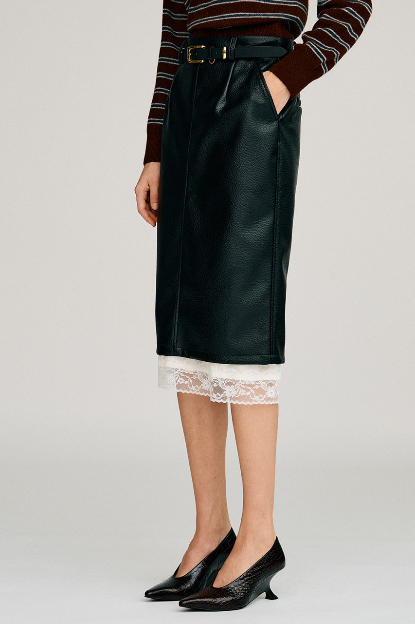 Layered Hem Synthetic Leather Skirt - 2026AUTUMN