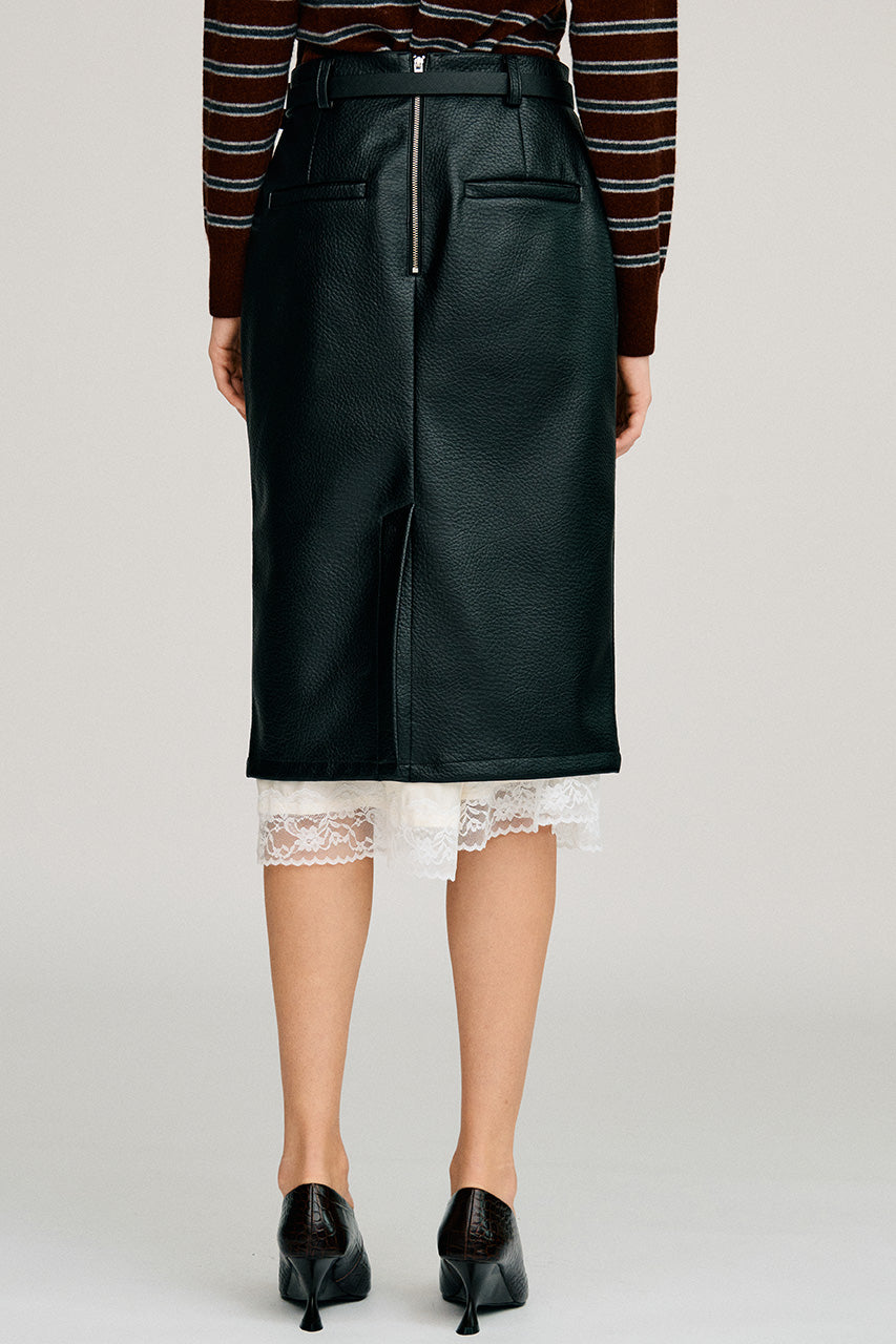 Layered Hem Synthetic Leather Skirt - 2026AUTUMN