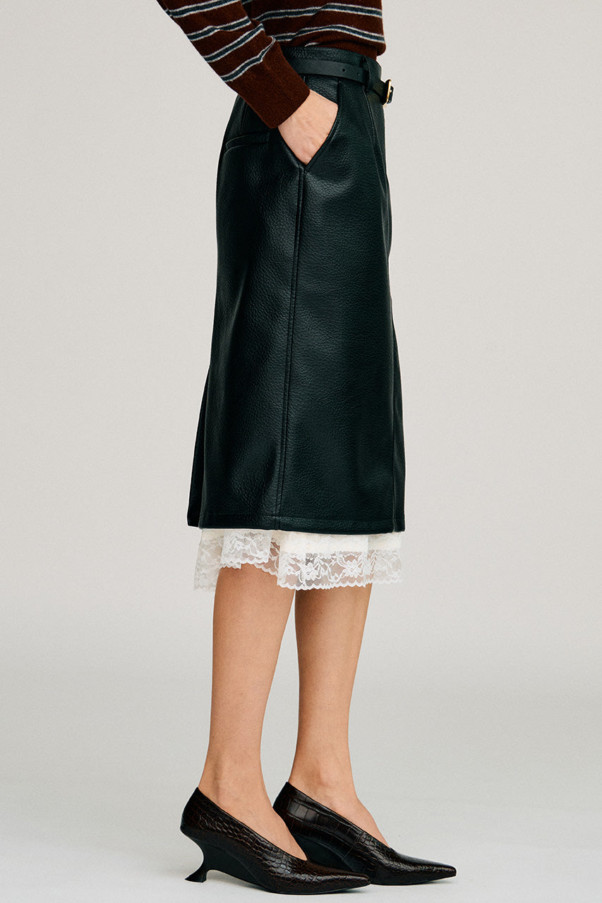 Layered Hem Synthetic Leather Skirt - 2026AUTUMN
