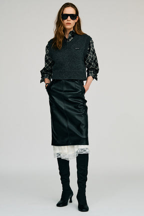 Layered Hem Synthetic Leather Skirt - 2026AUTUMN